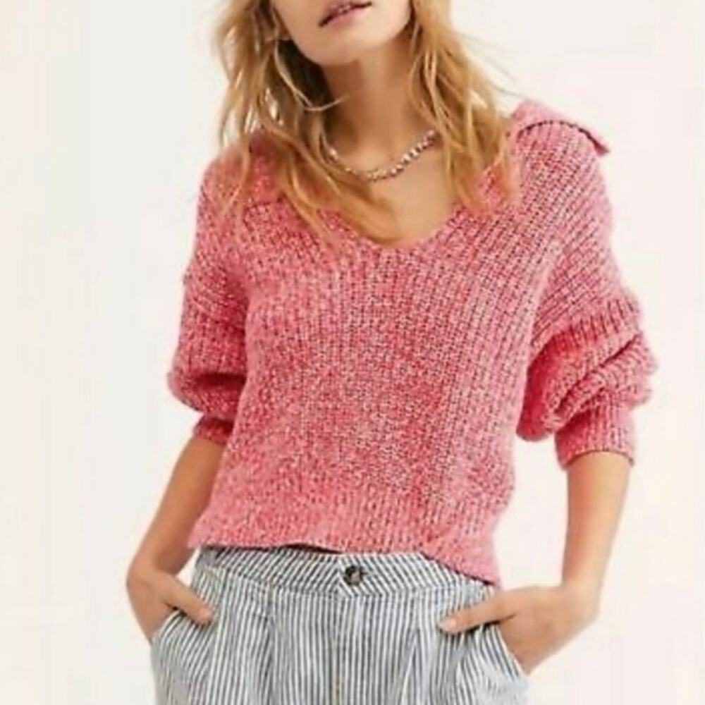 Free People Size S Love This City Collared Cotton Pink Melange Sweater